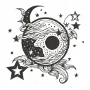 sun illuminating moon with stars  tattoo design idea
