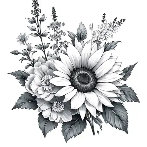  (1)fireweed, (1)peonies, (1) forget-me-nots and (1) sunflowerfor a friendship tattoo tattoo design idea