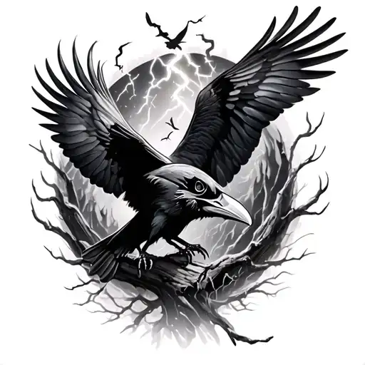 ravens circling in a lightning storm in smoldering forest tattoo design idea