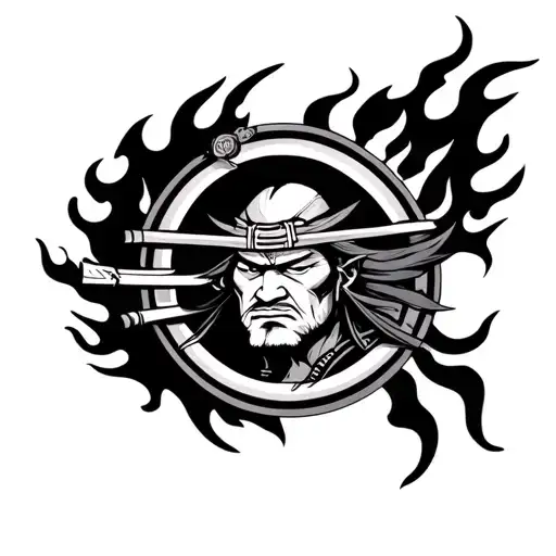 Samurai head in circle shape with fire tattoo design idea