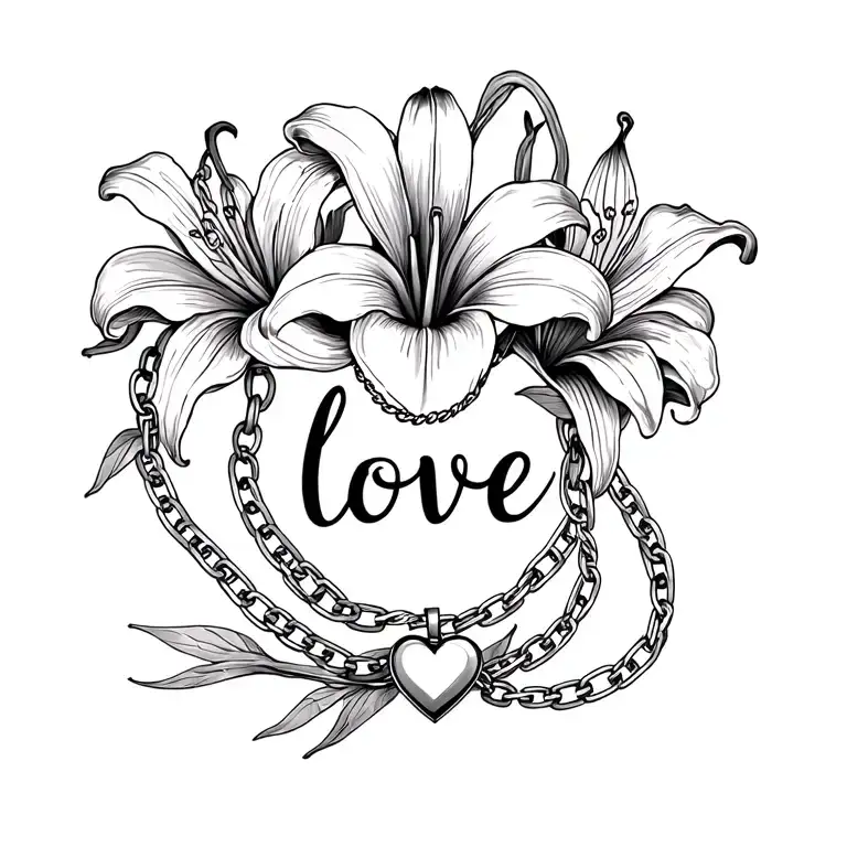 The word "love" in script with a tiger lily flower behind the letter "L" and a chain necklace with a pendant of a heart  tattoo design idea