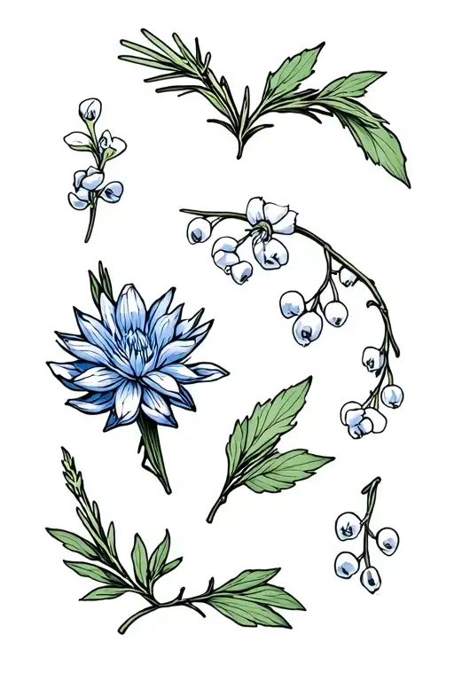 cedar branch, forget-me-not flowers, protea flower, moon flower, rosemary sprig, lily of the valley flowers  tattoo design idea