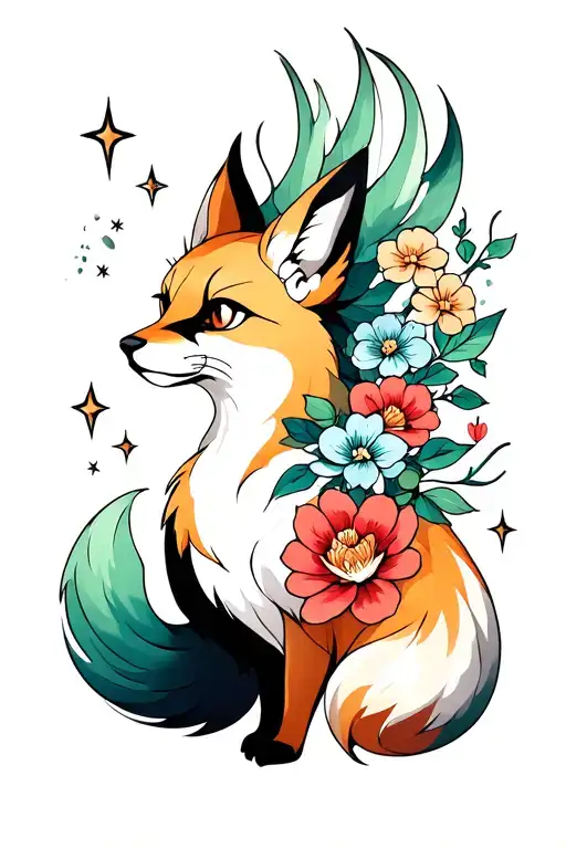Create a tattoos, a nine -tailed fox with peon flowers, stars tattoo design idea