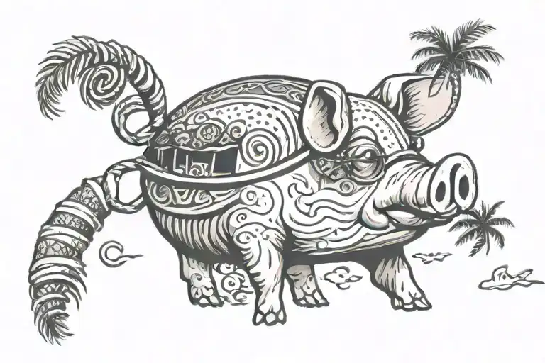 swimming pig, one palm tree, candy cane, New York taxi, one shell, bagel tattoo design idea