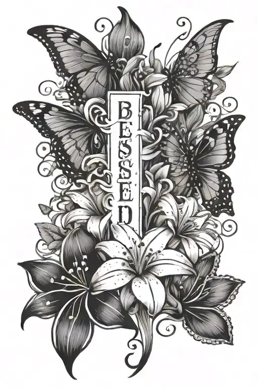 the word blessed vertical on my forarm with Lilly flowers and butterflies with sparkles going around my arm  tattoo design idea