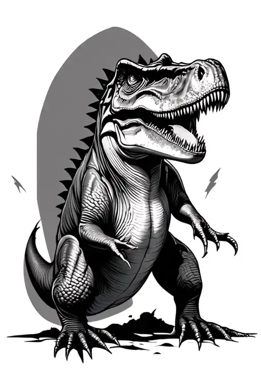 full left leg sleeve with a realistic black-and-white dinosaur theme. tattoo design idea