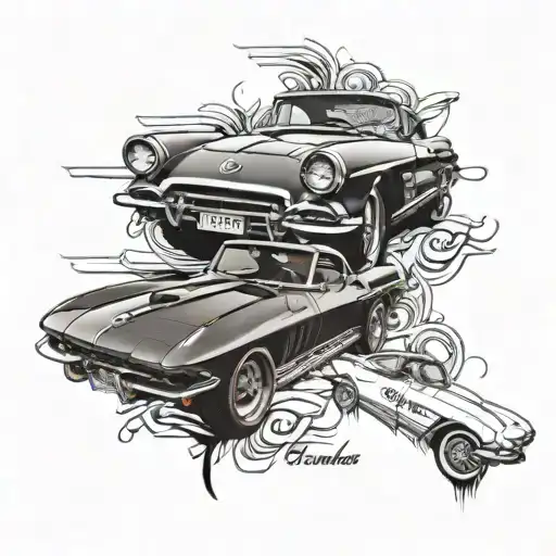 Chevy impala 1967 Corvette Stingray and '911' number 'you are where you're meant to be' text and 2 free spirit symbols tattoo design idea