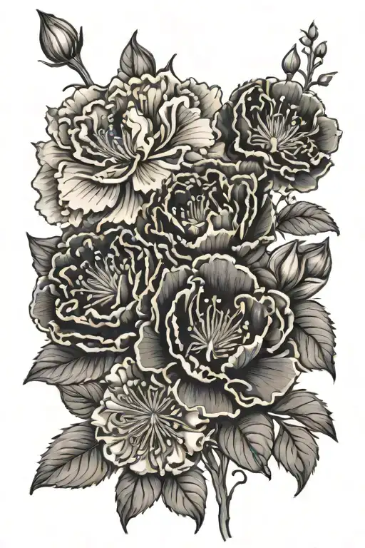 Create an inner forearm flower piece containing; carnations, lily of the valley, poppy’s, daisys, aster  flowers tattoo design idea
