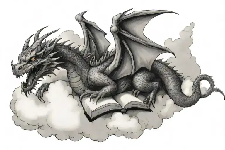 dragon laying on a book in the clouds tattoo design idea