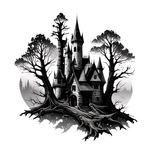 forest with castle dead trees looking through lens tattoo design idea