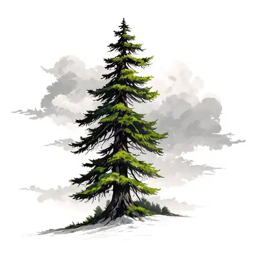 dense wooded forest landscape with thick evergreens and clouds with some color but only green of the trees tattoo design idea