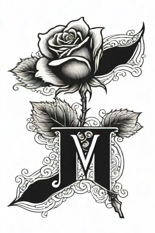 One rose with stem and leaves, featuring the letters "Mana" wraped on stem tattoo design idea