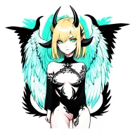 demon girl, anime, anime style, female, blonde, very short hair, full body, demon, green eyes, goat horns, black angel tattoo design idea