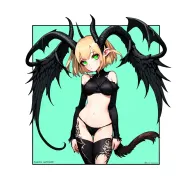 demon girl, anime, anime style, female, blonde, very short hair, full body, demon, green eyes, goat horns, black angel tattoo design idea