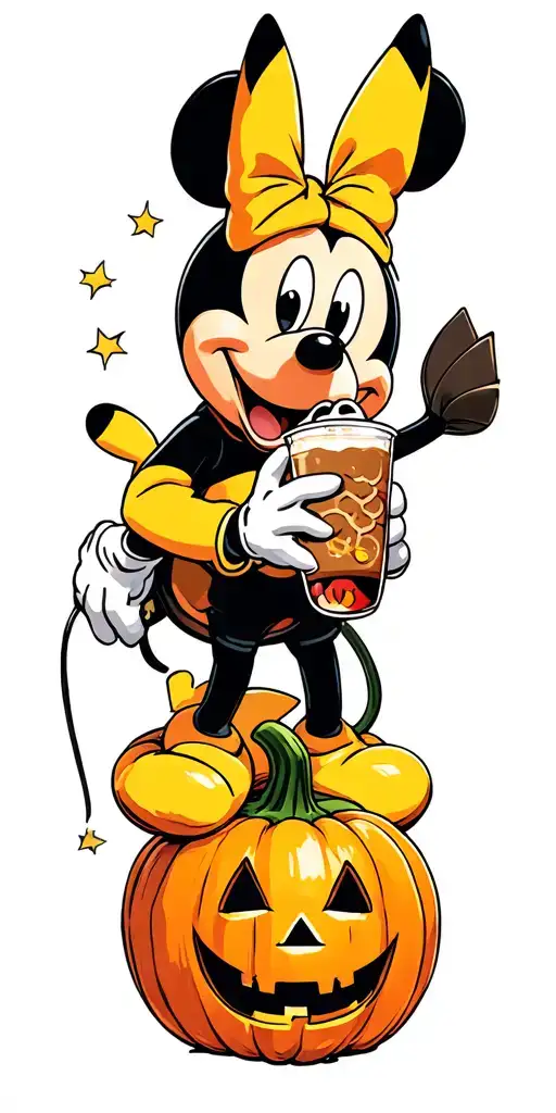 Mickey Mouse with pikachu plushie sitting on pumpkin drinking boba during Halloween tattoo design idea