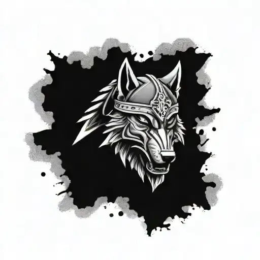 wolf, knight, 3 suns, 3 castles, a small hatchet, 2 dog paws, a football reference, celtic braid, War helmet, a casket,  tattoo design idea