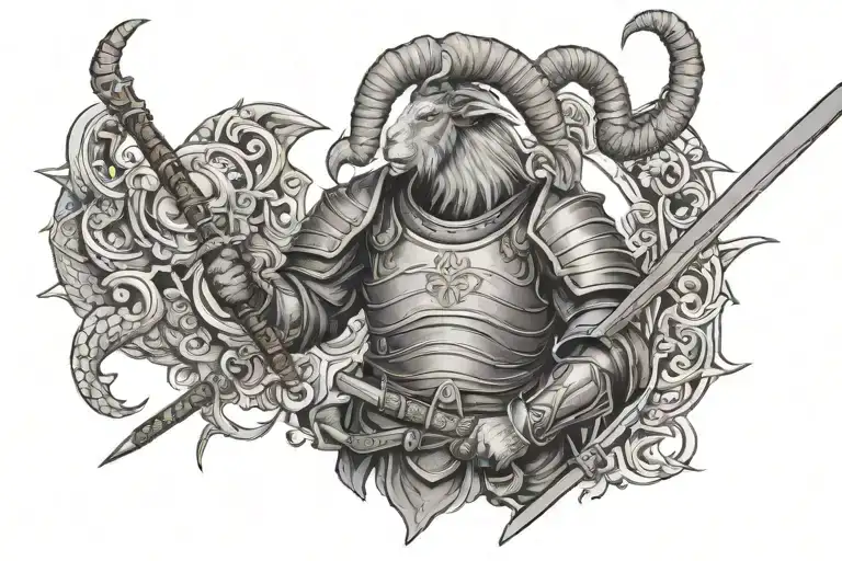 A warrior goat In armour holding dragon katana tattoo design idea
