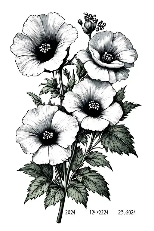 Several Nasturtium flowers with foliage and flowers and 3 dates 10/24/2024 12/21/2021 and 03/25/2024 tattoo design idea