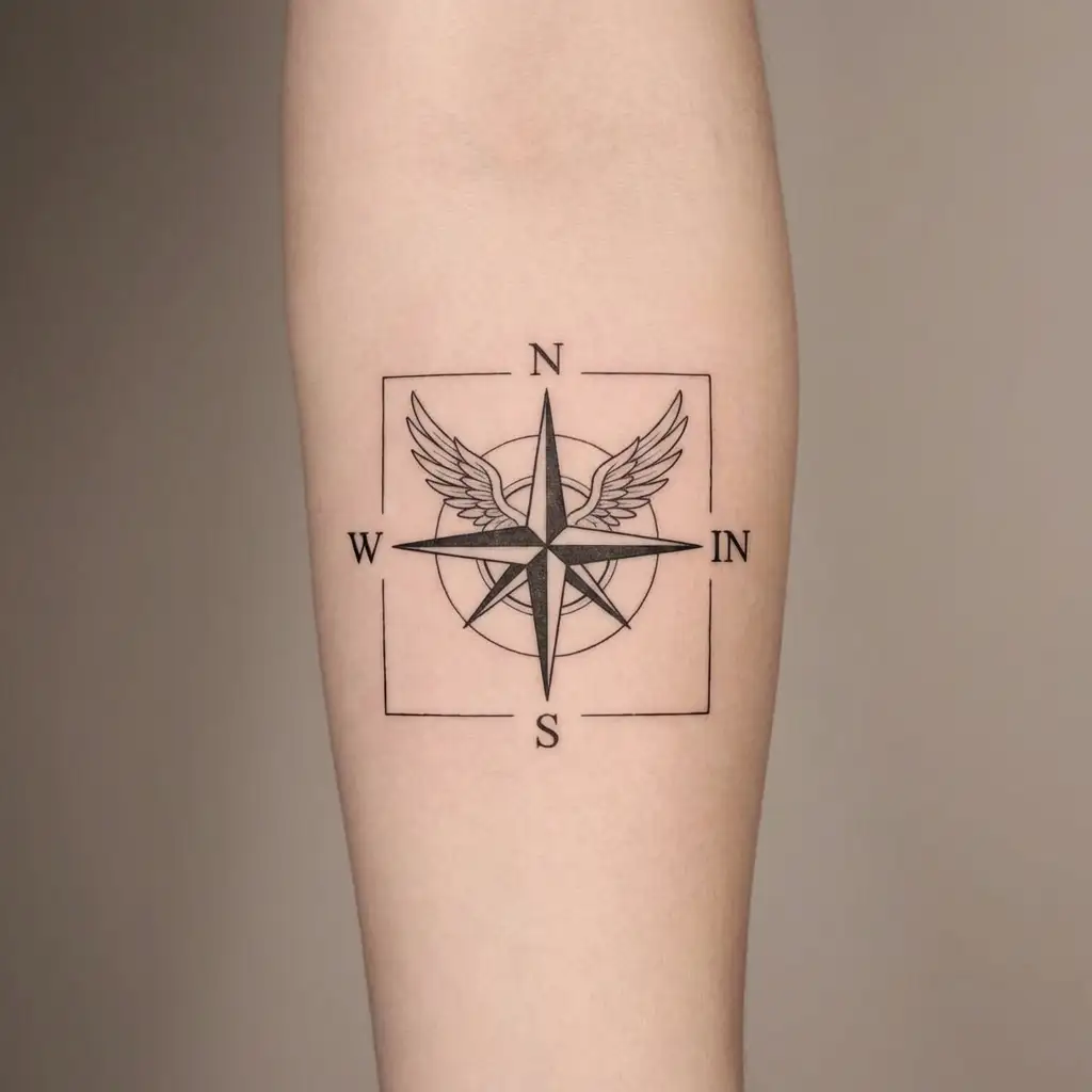 A dove in flight as a compass needle, symbolizing peace guiding life’s journey. Minimalist, elegant, with fine lines  tattoo design idea