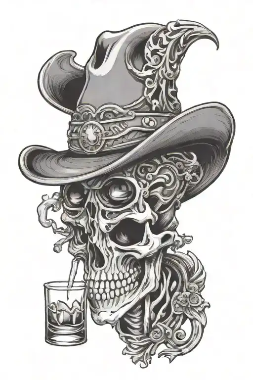 skeleton wearing a cowboy hat drinking a shot glass tattoo design idea