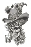 skeleton wearing a cowboy hat drinking a shot glass tattoo design idea