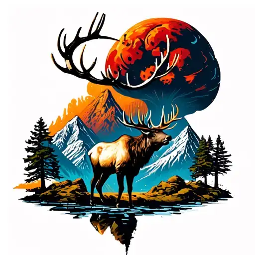elk with rockey mountains and atomic bomb mushroom cloud background tattoo design idea
