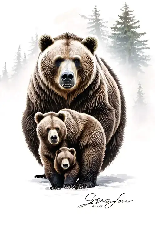 ferocious grizzly bear with momma bear and cub tattoo design idea