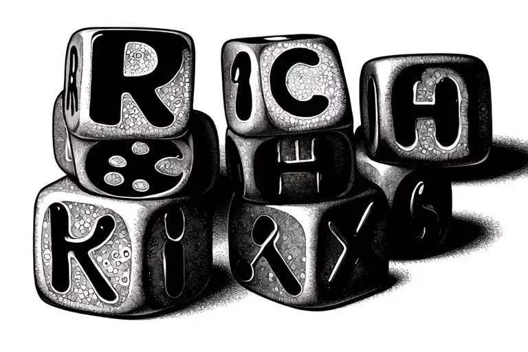 4 dice stacked spelling rich and risk as the 2 dice turn tattoo design idea