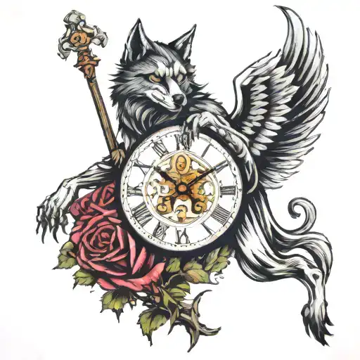 libra women grem reaper clock demon wolf tattoo design idea