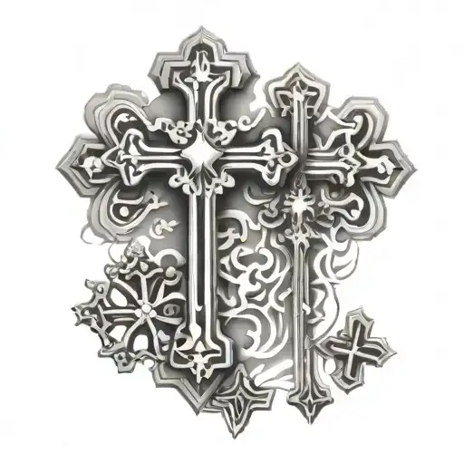 two chrome hearts crosses, one normal sized and the other one half the size of the other with clouds behind the crosses tattoo design idea