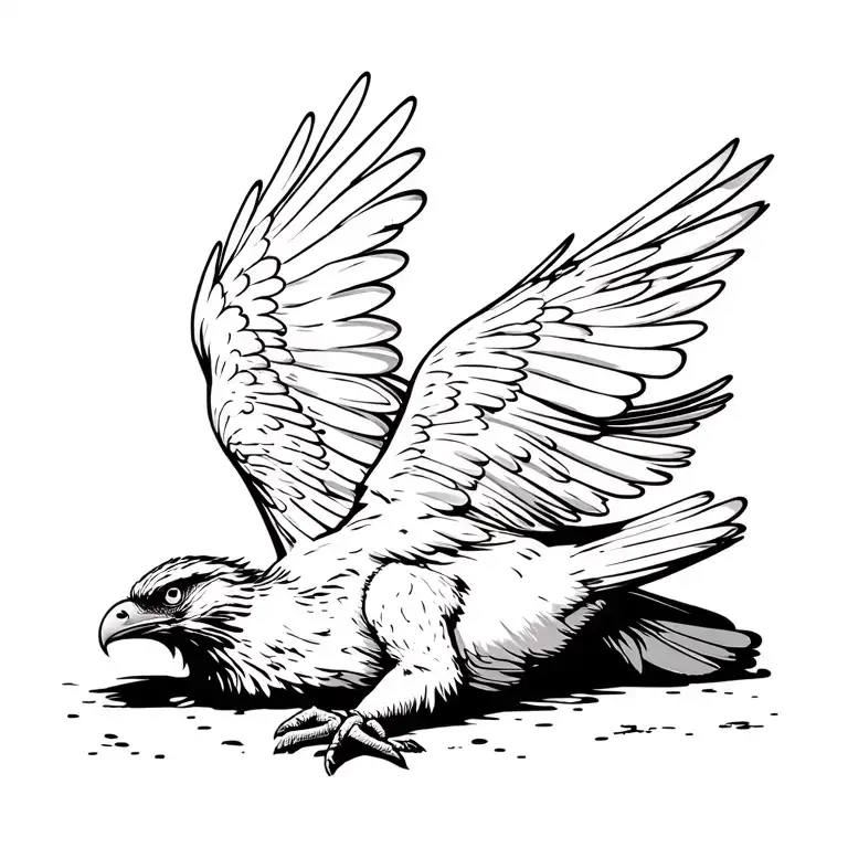 Vintage style hawk laying on its back on the ground exhausted with its wings stretched out laying flat  tattoo design idea