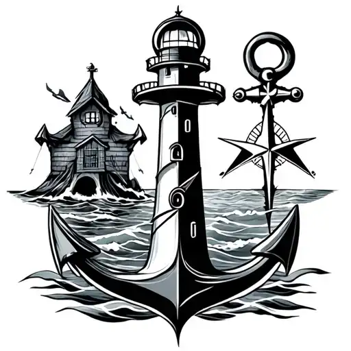 anchor, lighthouse, and compass intertwined tattoo design idea