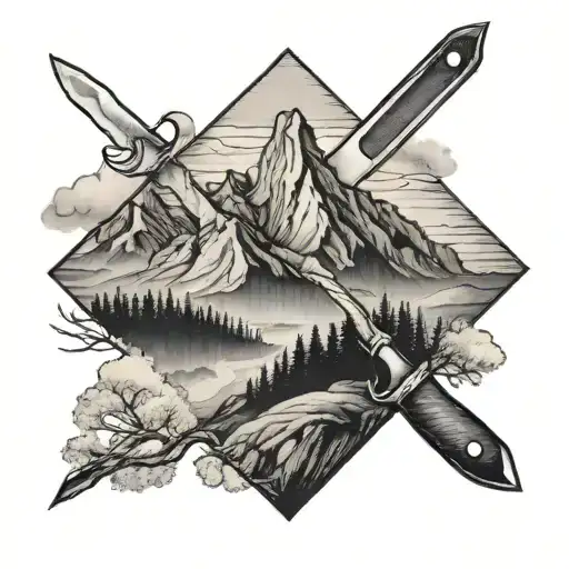 A black and grey tattoo of a majestic mountain landscape in Tennessee with a subtle knife silhouette in the background tattoo design idea