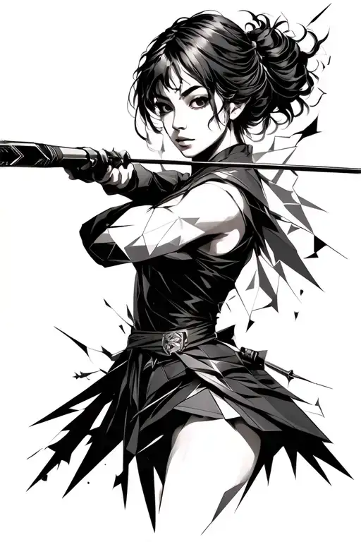I want a realistic but fantastic style, head and torso of a female manga character shooting an arrow.  tattoo design idea