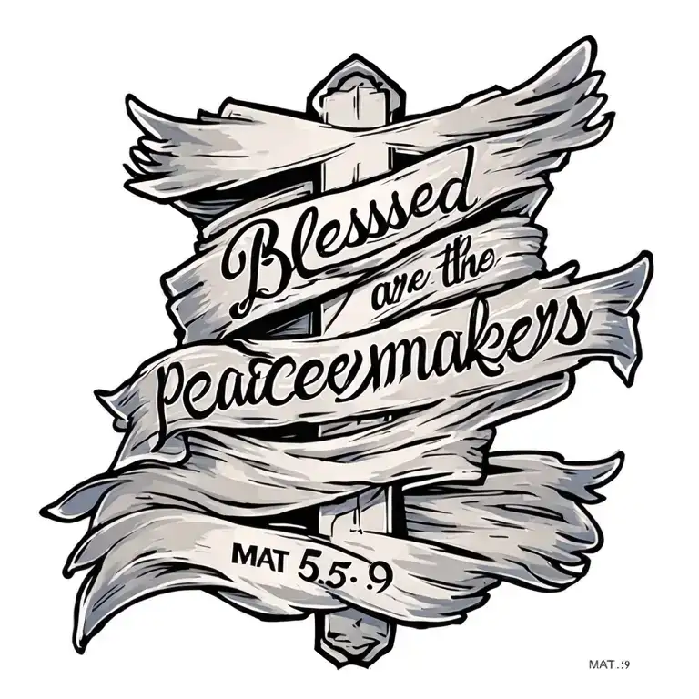 Cross with ""Blessed are the peacemakers" written on a draped blue sash.  Mat 5:9 written underneath tattoo design idea