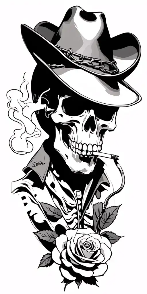 skeleton head wearing cowboy hat smoking cigarette,rose made of barbed wire, skeleton cowboy riding skeleton horse tattoo design idea