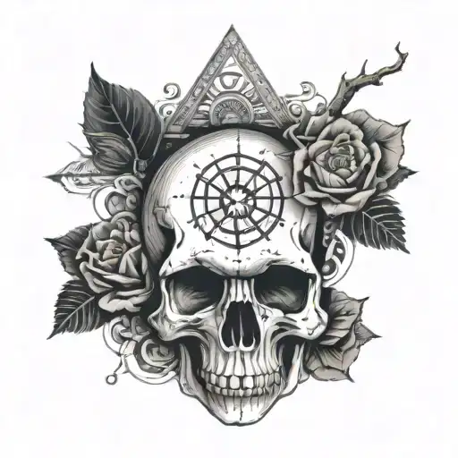 A skull with intricate alchemical symbols surrounding it, representing the balance between life and death tattoo design idea