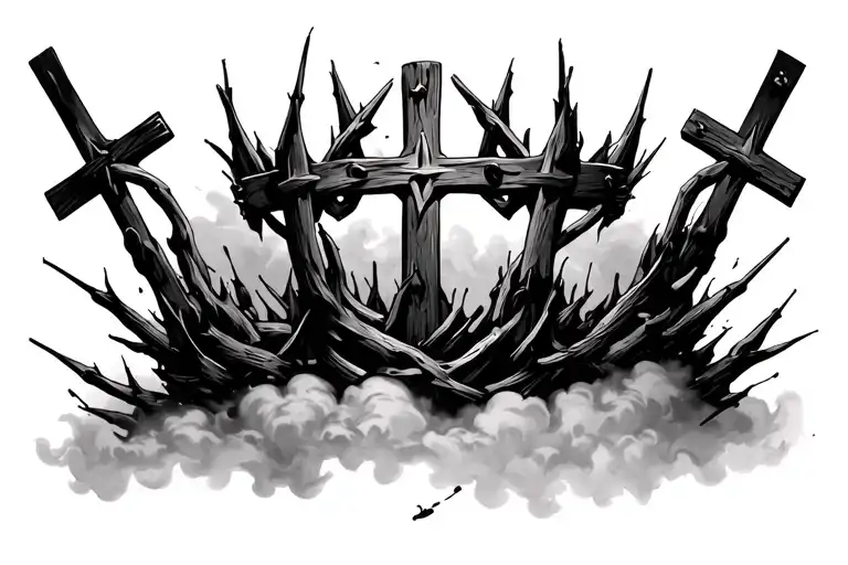 thorn crown three crosses verse Isaiah 6:8 chain link breaking "chainbreaker" in hebrew Yahweh faded clouds surrounding  tattoo design idea