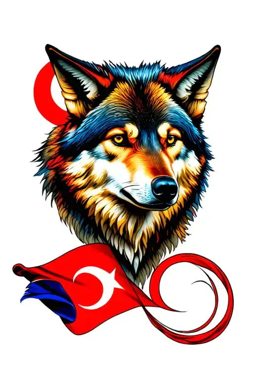 colorful loyal wolf and turkish flag tattoo design idea