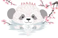"Panda " panda face reflecting in water flowing Japanese cherry blossoms  mandalas  tattoo design idea