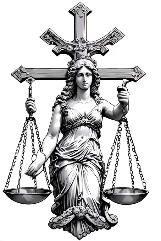 lady justice holding a cross that is the scales of justice  tattoo design idea