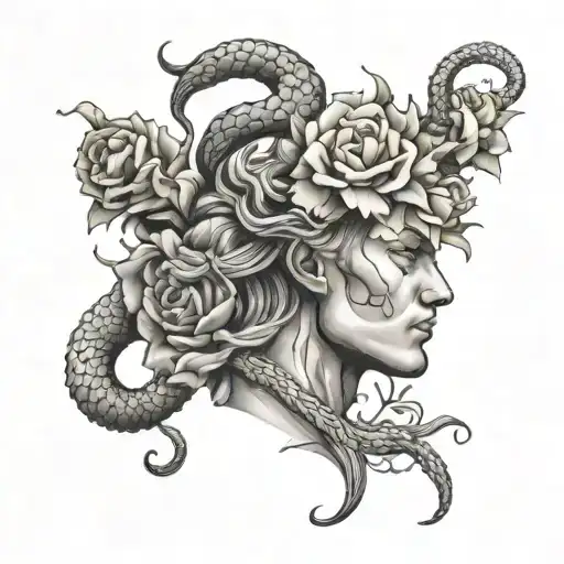 Sketch of a tattoo of a Gorgon's face in profile, scar, snakes instead of hair, snake heads with open mouths, many snakes, peonies, styl tattoo design idea