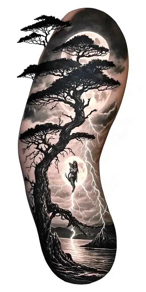 viking rume and moon and freya goddes body tree and lightning bolt tattoo design idea