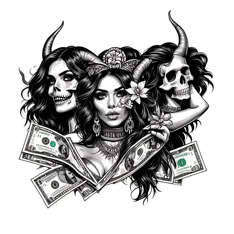 chicano style tattoo whit girls, money, drugs, devil and skulls  tattoo design idea