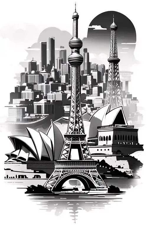black and white cartoon photomontage of CN Tower, Taj Mahal, Eiffel Tower, colosseum, great wall of china, sydney opera  tattoo design idea