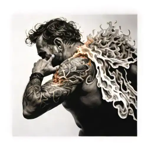 man walking through flames gods got my back tattoo design idea