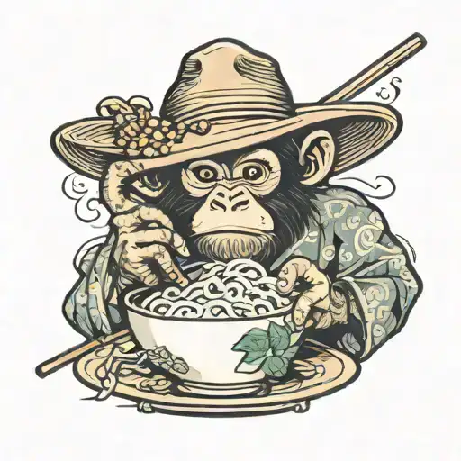3 eyes monkey wear kimono eating ramen bowl wearing straw hat tattoo design idea