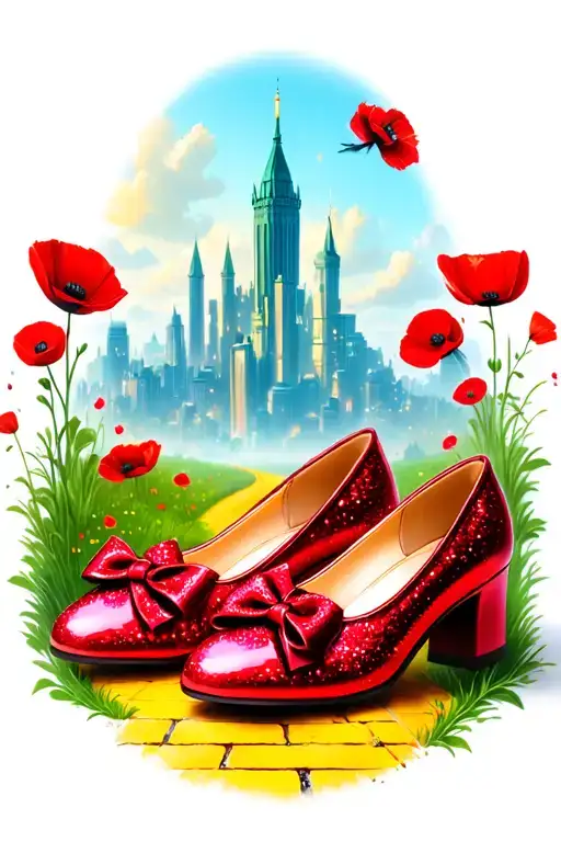 two sparkly flat red ruby shoes with bows on toe emerald city and yellow brick road in background and poppies tattoo design idea