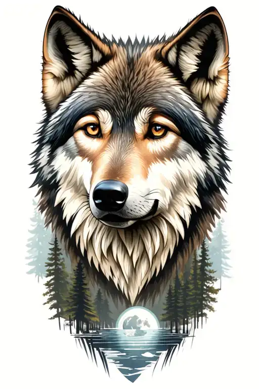wolf cub, moon, forest, river, adult wolf head tattoo design idea