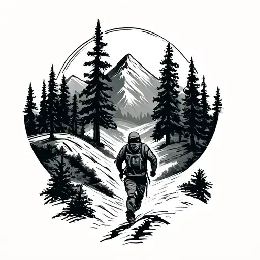 Mountain and forest and trail runner tattoo design idea